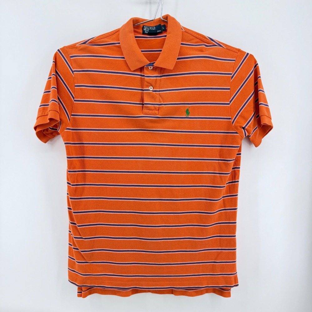 Polo Ralph Lauren Polo Shirt Mens L Striped Pony Logo Cotton Orange Striped